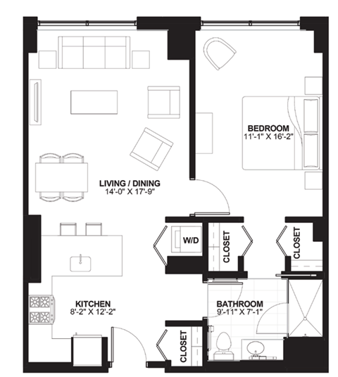 Floor plan for 1 bed, 1 bath, 795 sqft